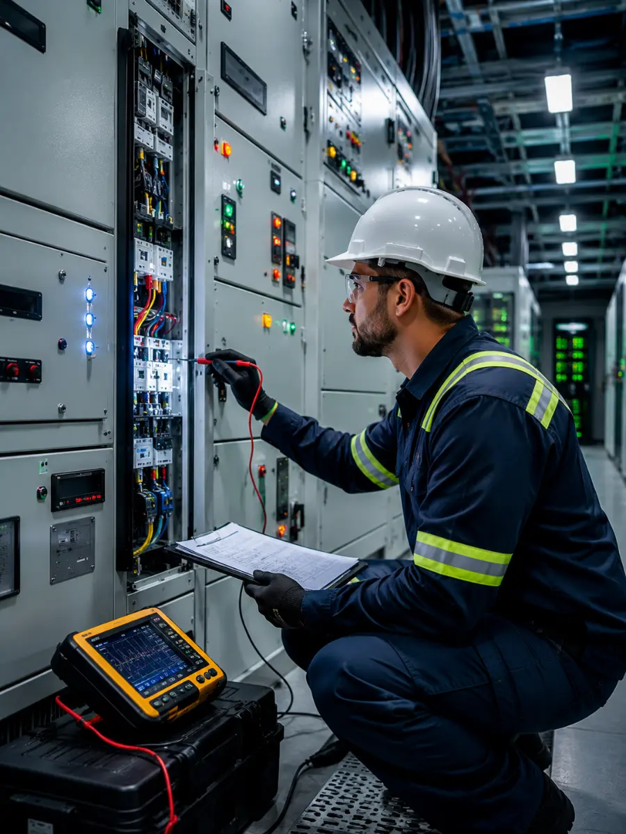 Engineer testing an industrial power panel